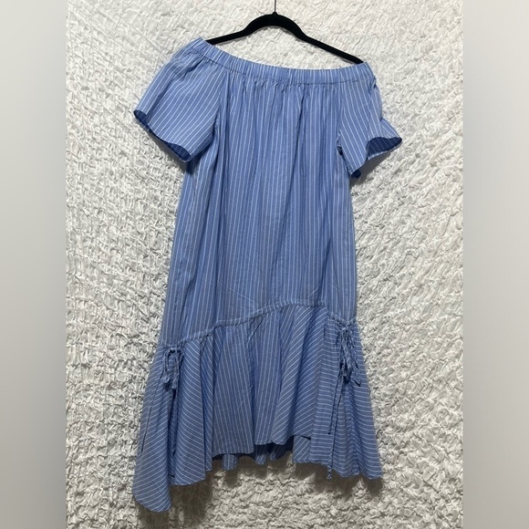 TOM GREYHOUND WOMENS OFF THE SHOULDER HIGH LOW BLUE STRIPED DRESS SIZE XS. - Picture 3 of 13